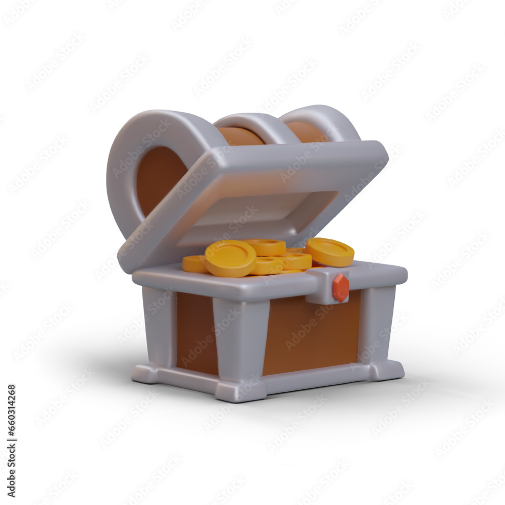 Poster side view of open treasure chest with collection of gold coins. element for pirate computer game. se