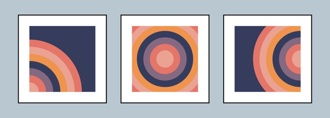 A set of three abstract geometric posters for room decor. Wall decor in orange and blue tones. Wall decoration.