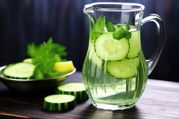 clear pitcher filled with cucumber and mint water on a glossy table