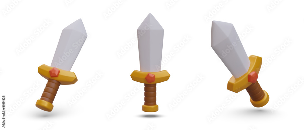 Aufkleber set with 3d realistic swords in different positions. poster with place for text for game in cartoon 