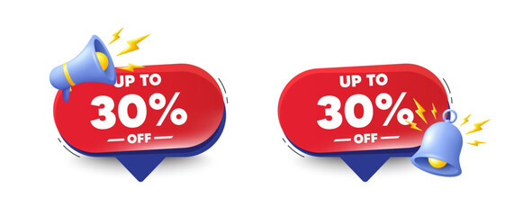 Up to 30 percent off sale. Speech bubbles with 3d bell, megaphone. Discount offer price sign. Special offer symbol. Save 30 percentages. Discount tag chat speech message. Red offer talk box. Vector