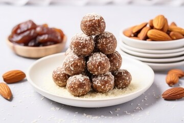 stack of date balls on white ceramic plate