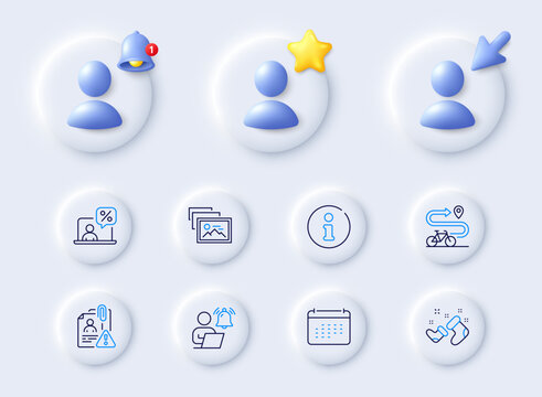 Calendar, Bike path and Online tax line icons. Placeholder with 3d cursor, bell, star. Pack of Santa boots, Search employee, Photo album icon. User notification, Info pictogram. Vector