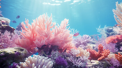 Background of a coral reef in the underwater tropical realm. The reef features shades of turquoise and soft pink, along with various coral formations, anemones, and sea plants. AI Generative