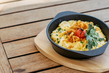 Overhead view of food served in bowl on table
