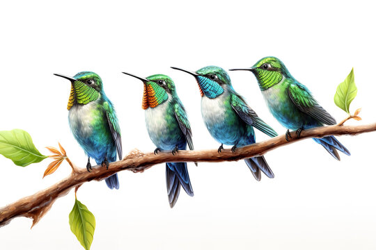Image of group of hummingbirds on a branch on a white background. Birds. Animals. Illustration, Generative AI.