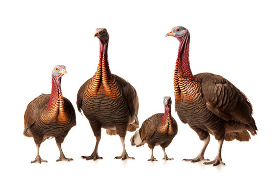 Image of family group of turkeys on white background. Farm animals. Illustration, Generative AI.