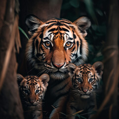 close up detailed portrait of mother and child tiger family animal, generative ai