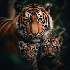 Fototapeta premium close up detailed portrait of mother and child tiger family animal, generative ai