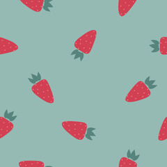 red strawberries on a green background, simple seamless pattern with berries for fabric