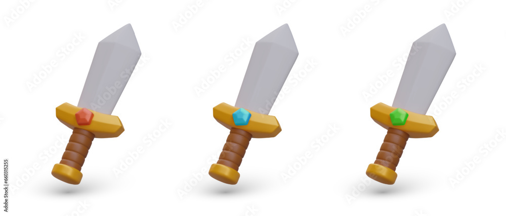 Poster set of 3d swords with crystals of different colors. cute game icons. sharp edged weapon. battle time