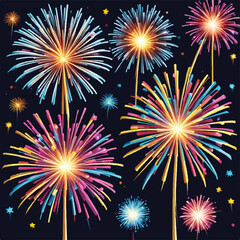 Fireworks display on the night sky in vector illustration. Nocturnal Fireworks Extravaganza