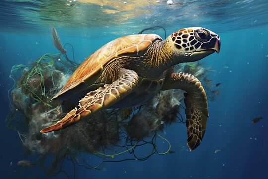 The image shows a turtle struggling in polluted green water with fishing net and plastic waste, highlighting global plastic pollution problem. Generative AI