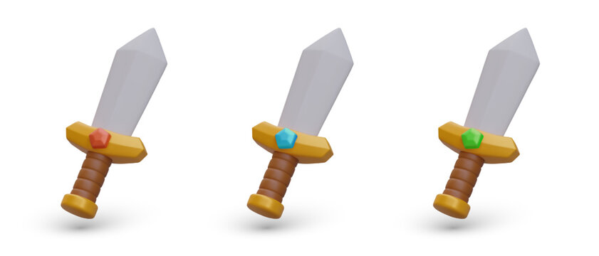 Set of 3D swords with crystals of different colors. Cute game icons. Sharp edged weapon. Battle time. Isolated vector image, white background. Knight accessory