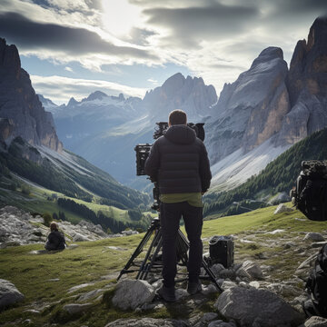 camera man filming in the mountains, alps, dolomites 
