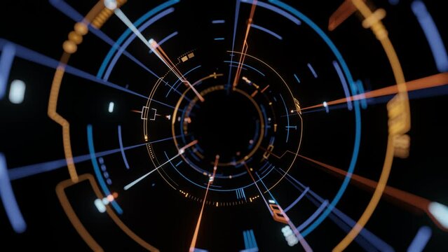 Circular HUD interface. Tunnel travelling futuristic digital binary sci fi data. Glowing blue yellow color theme. For technology, science, business, high tech product background. Seamless loop