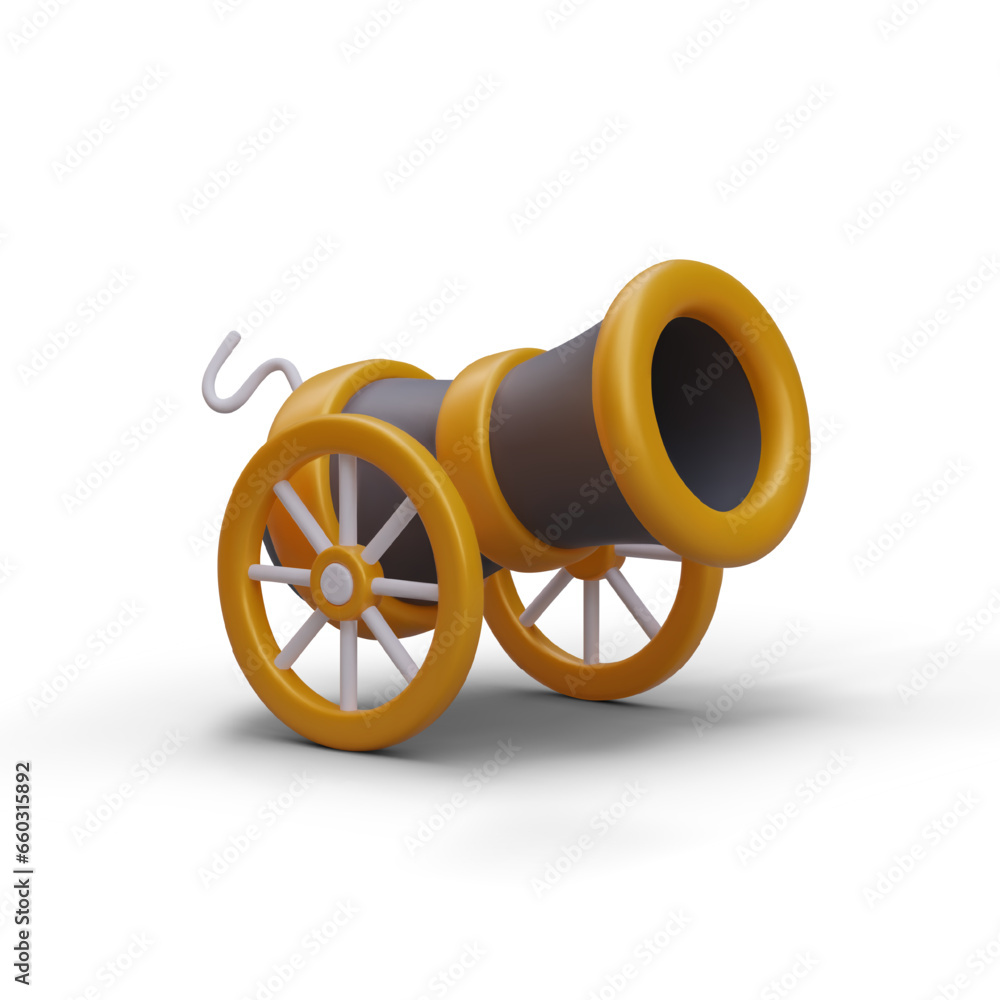 Poster ancient cannon on wheels for computer game. weapons for shooting. military cannon for computer 3d ga