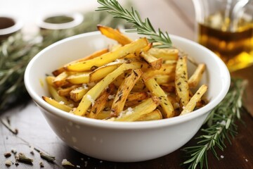 fries with truffle oil in a white porcelain bowl