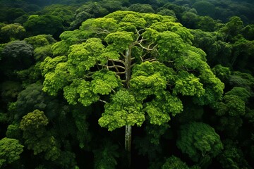 Overhead rainforest tree exuding green vitality, representing ecological impact reduction. Generative AI