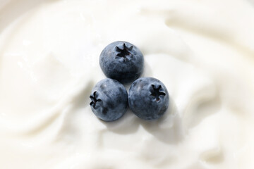 Greek yogurt and three blueberries, close up