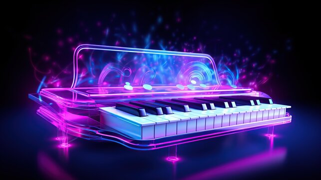 Musical keyboard on illuminated neon light background. AI generated image