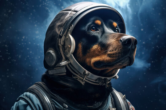 Creative concept Cosmonaut dog dressed in a space suit with helmet. Space-themed fantasy of a heroic pet explorer. AI Generative magic adds to the charm.