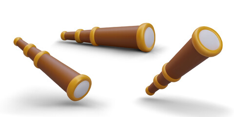 Set of 3D spyglass in different positions. Illustrations for online game, strategy. Device for navigation, discovery of new lands. Observation of potential opponent at long distance