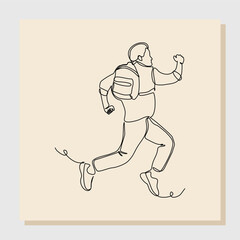 continuous single line drawing art of college campus happy student man jumping with bag backpack. vector illustration one line sketch of education back to school