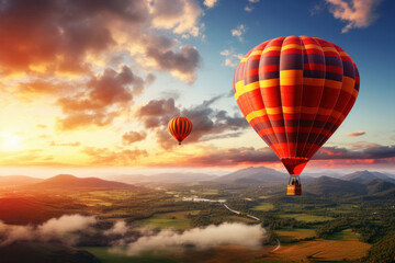 Majestic mountain vistas unfold beneath a flying hot air balloon. AI Generative serenity and breathtaking beauty at high altitudes.