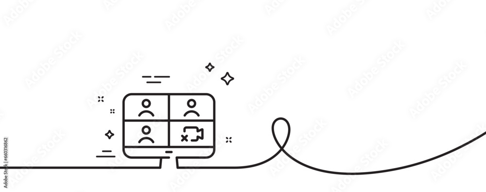 Poster video conference line icon. continuous one line with curl. online training sign. team presentation s