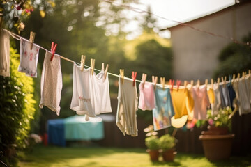 Sunny delight Clothes on a rope outdoors. AI Generative marvel captures the eco-friendly charm of air-dried laundry in a natural setting.