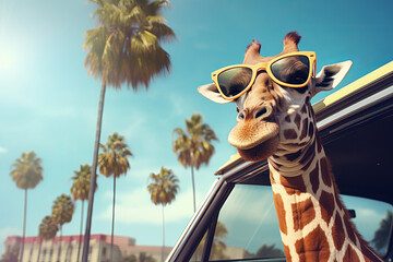 Fototapety  Safari meets street racing in this cool and trendy image of a giraffe in a car. A surreal adventure that's both wild and fun is AI Generative.