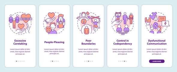 2D icons representing codependent relationship mobile app screen set. Walkthrough 5 steps multicolor graphic instructions with thin line icons concept, UI, UX, GUI template.