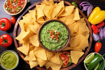 overhead view of guacamole, salsa and chips on a round platter - obrazy, fototapety, plakaty