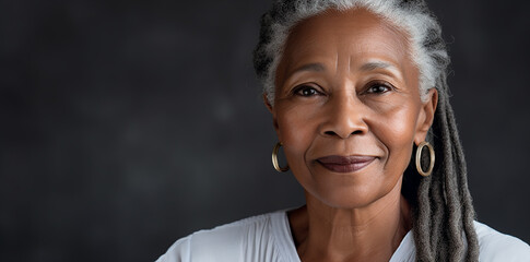  portrait of a beautiful elderly black  woman with long grey and white hair, black  background,...