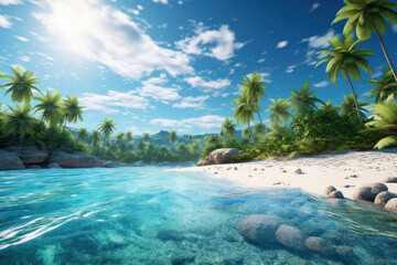 Escape to a tropical paradise, where palm trees sway over the clear waters, offering an idyllic backdrop for your dreams. AI Generative beachfront.