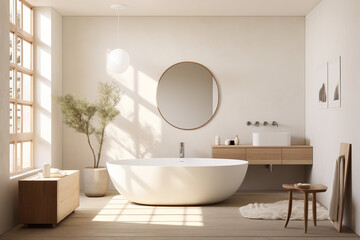 Experience tranquility in a modern bathroom oasis, featuring a spacious white bathtub and a sleek, minimalist sink is AI Generative.