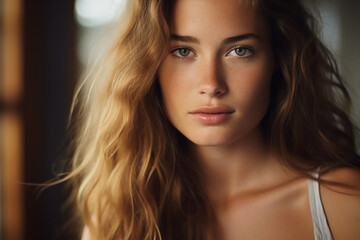 a beautiful rehead young model girl posing and looking on camera