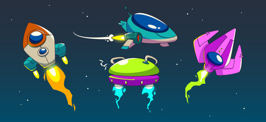 Game rocket spaceship with fire trail cartoon. Alien reactive ship in space childish design illustration. Cosmic spacecraft launch with green takeoff flame tail. Speed galaxy adventure in starry sky