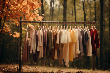 clothes hanging on a clothesline outdoor, with foliage background ,autumn colors