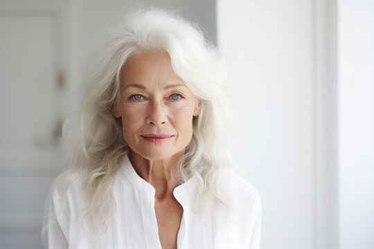 portrait of a beautiful elderly woman with long white hair, dressed white and light white background, posing and looking on camera