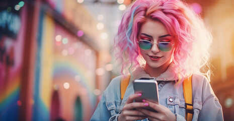 Teenage girl with pink dyed hair and cool sunglasses standing in the colourful street with the phone in her hands. - obrazy, fototapety, plakaty