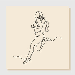 continuous single line drawing art of college campus happy student woman jumping with bag backpack. vector illustration one line sketch of education back to school