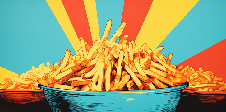 set of french fries illustration, carbohidrates and comfort food, pop vibrant colorful style 