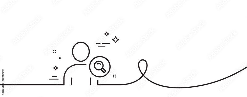 Poster search user line icon. continuous one line with curl. profile avatar with magnifying glass sign. per