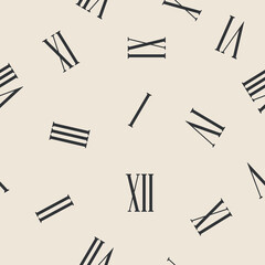 Roman numerals are scattered chaotically across the background, forming a seamless textile pattern. Black and white. 