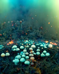 massive multiple ultra detailed exploding ultra colorful ornate mushrooms high detail ice embers flying bubbles waves intricate ultra photorealistic volumetric lighting octane render glowing back 
