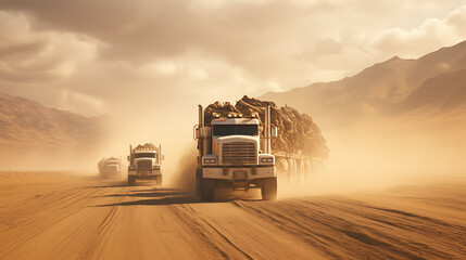 Truck Convoy Driving Through a Desert