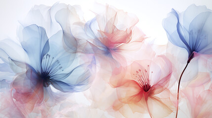 Semi-transparent, delicate silky flowers, petals overlapping, white background. Beautiful artistic floral wallpaper.
