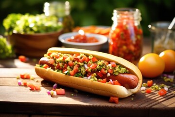 hot dog displayed on a picnic table with condiments around